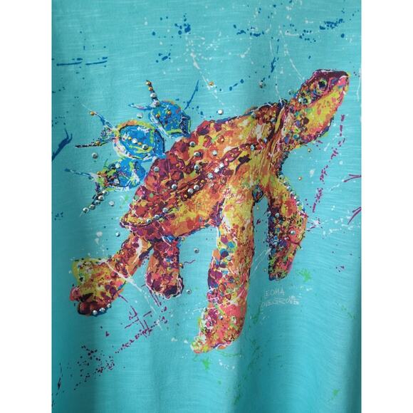 Leoma Lovegrove L Top Turtle Underwater Ocean Short Sleeve Lace Back Green Teal - Picture 3 of 7